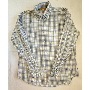 Robert Talbott Carmel mens shirt yellow blue plaid Large Casual Business EUC